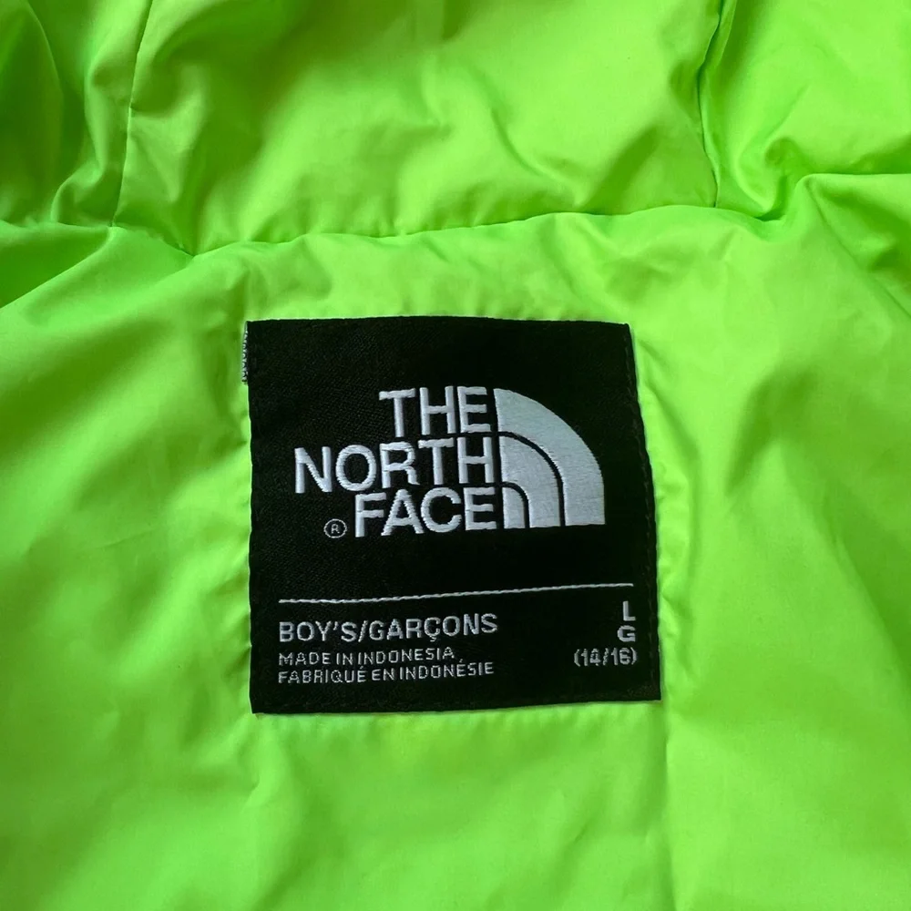 The Northface Boys 14/16  Down Filled Gray Green Hooded Puffer Jacket EUC XL